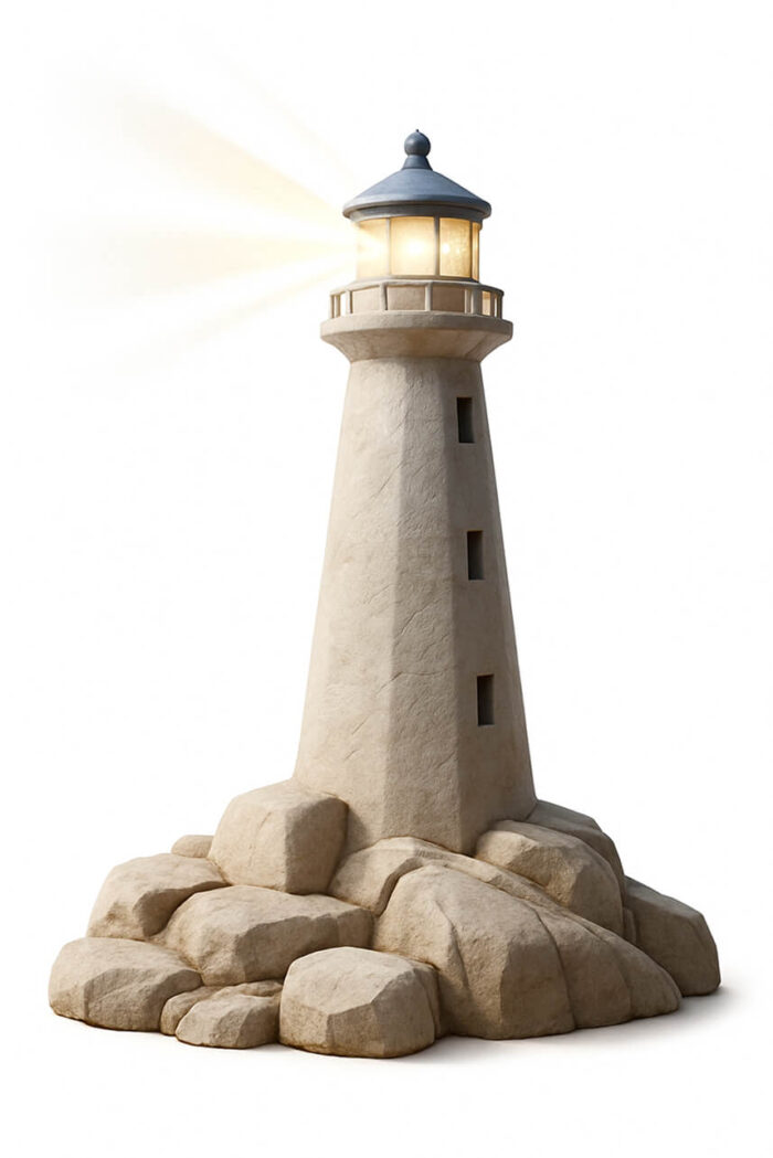 Digital illustration of a stone lighthouse