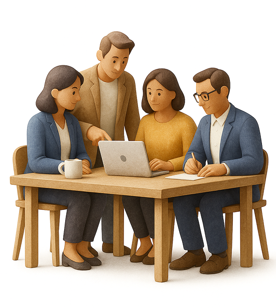 Illustration of people working together around a desk.