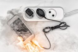 A photograph of a flaming cell phone plugged into an electrical socket