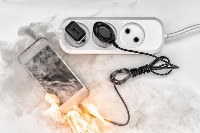 A photograph of a flaming cell phone plugged into an electrical socket